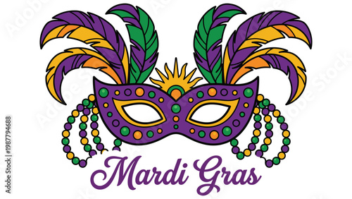 Mardi gras festive mask with feathers and beads, colorful carnival celebration design.