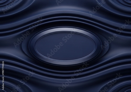 Dark blue abstract background features a central oval shape surrounded by concentric flowing ripples.