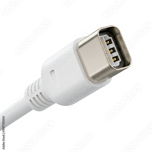 Close-up view of a white hdmi cable connector attached to a cord