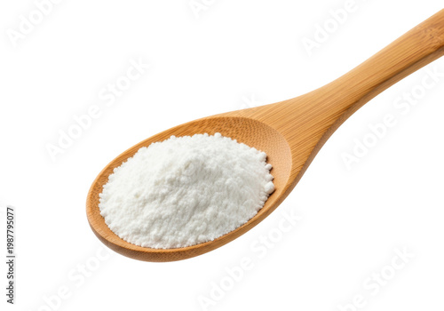 Macro shot of a wooden spoon with a precise scoop of white nutritional powder on a transparent background. Concept of health and supplementation