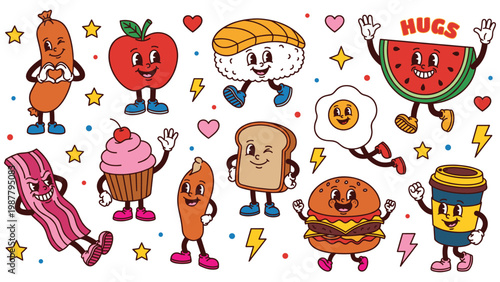 Retro cartoon food character set with vintage rubber hose style mascot sticker collection.