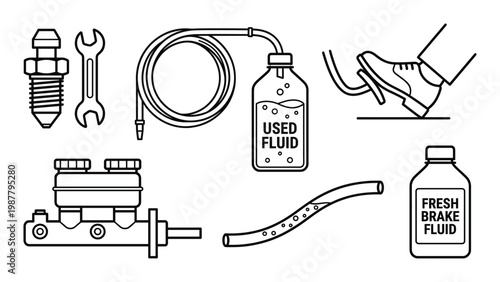 Automotive brake fluid change and service tools collection line art icons