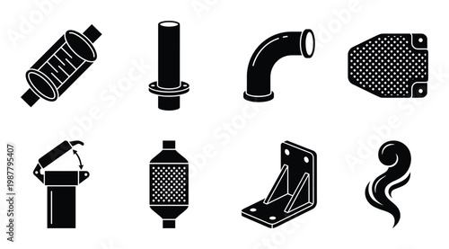 Automotive exhaust system components muffler pipe bend filter and insulation shield icons