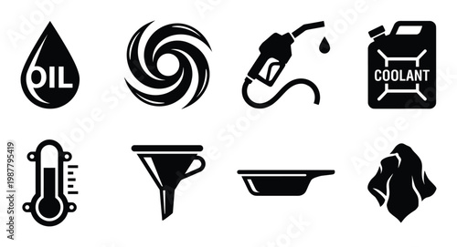 Automotive fluids and car maintenance tools icons oil hurricane fuel coolant thermometer funnel.