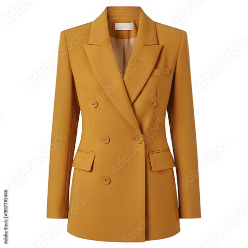 Elegant mustard yellow double-breasted blazer with structured lapels and notched collar