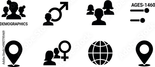 Demographics and user segmentation solid icon set with gender, audience, location, and global data symbols for analytics applications
