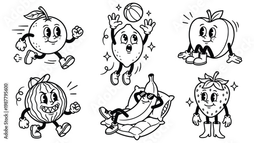 Retro cartoon fruits characters having fun playing sports and relaxing vector illustration.