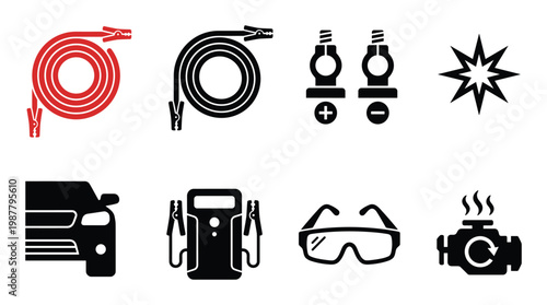 Battery jumper cables and automotive electrical diagnostic icons set with engine and safety goggles