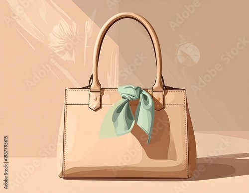 A beige leather handbag with a green bow