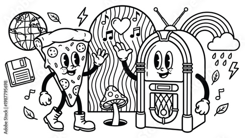 Retro cartoon pizza and jukebox characters, cool vintage style outline for coloring pages.