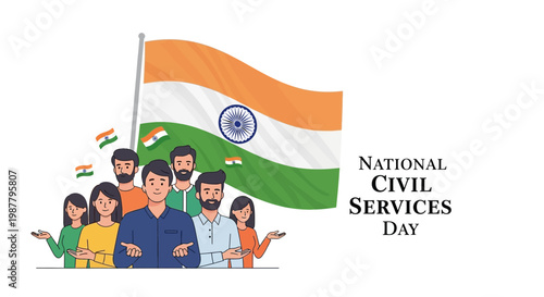A vector illustration commemorates National Civil Services Day in India, featuring a group of civil servants standing proudly before the Indian flag against a clean white background