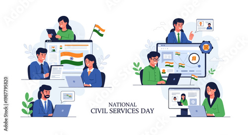 Illustration celebrating National Civil Services Day in India featuring civil servants working on laptops and tablets, set against a clean white background with a flat vector style
