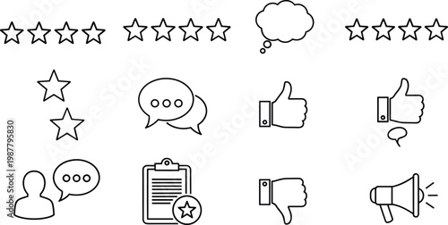 Customer feedback and rating outline icon set with stars, reviews, like, dislike, and communication symbols for user experience design