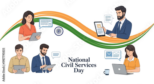 Vector illustration showing India's National Civil Services Day with civil servants using digital devices against an Indian flag backdrop, celebrating public administration and governance