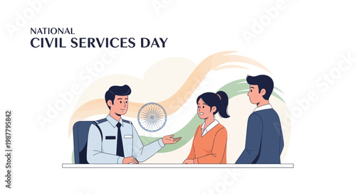 Stylized vector illustration commemorating National Civil Services Day in India, featuring three civil service officers in a meeting against a backdrop of the Indian flag, conveying a sense