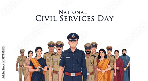 A vector illustration depicts Indian civil service officers in uniform, celebrating National Civil Services Day against a clean white backdrop with formal attire and diverse representation