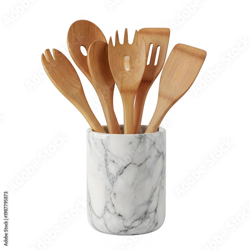 Set of wooden spoons and spatulas arranged in a marble holder