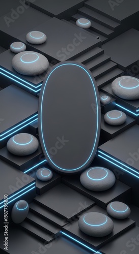 Glowing blue neon rings illuminate smooth dark stones arranged on a geometric platform.