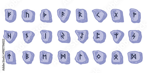 Set of hand drawn viking runes Rune stones with ancient norse alphabet characters engraved on them Scandinavian futhark germanic celtic Single element for design, print, web, decor