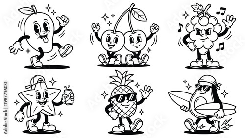 Vintage cartoon fruits characters dancing and having fun with music and sparkles.