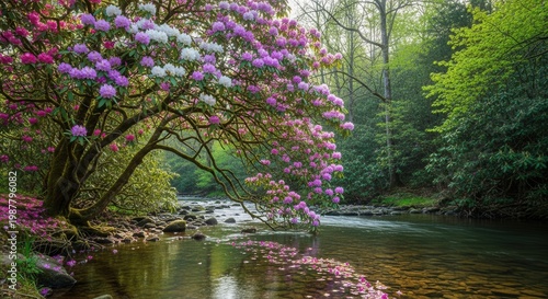 Beautiful Flowering Tree Overlooking Tranquil River Scene.