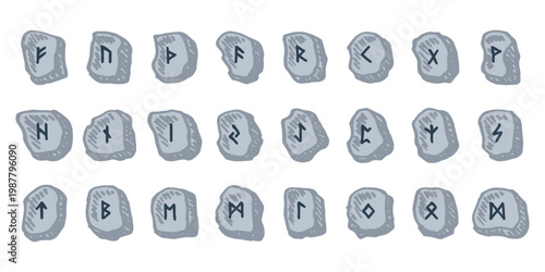 Set of hand drawn viking runes Rune stones with ancient norse alphabet characters engraved on them Scandinavian futhark germanic celtic Single element for design, print, web, decor