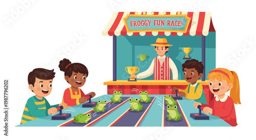 Foto Children playing froggy fun race game at carnival fair with prizes