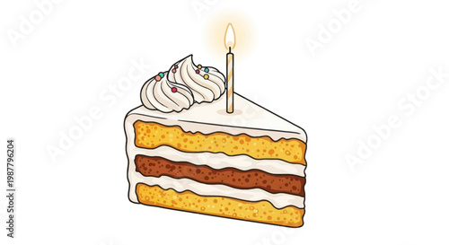Slice of birthday cake with lit candle and sprinkles, isolated on white background.