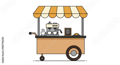 Vector illustration of a coffee cart with espresso machine, cups, and croissant