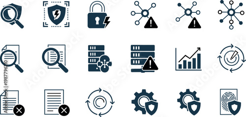 Cyber security and data protection outline icon set with encryption, network alerts, monitoring, and system safety symbols