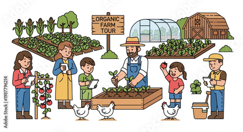 Organic Farm Tour: People learning about sustainable agriculture and gardening at a farm.