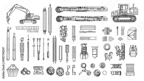 Collection of Construction and Industrial Equipment Parts.