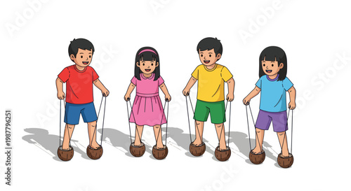 Children Playing Traditional Stilts Made of Coconut Shells