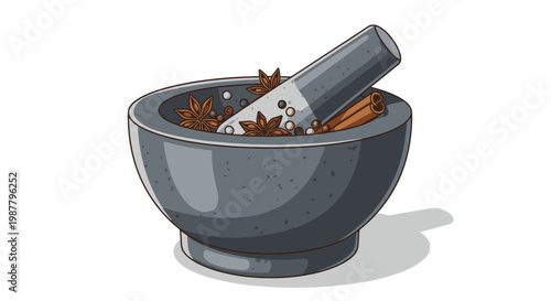 Mortar and Pestle with Spices: Star Anise, Cinnamon, Peppercorns, Herbs