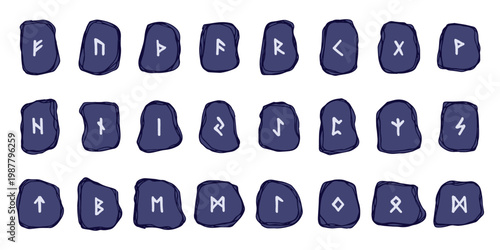 Set of hand drawn viking runes Rune stones with ancient norse alphabet characters engraved on them Scandinavian futhark germanic celtic Single element for design, print, web, decor