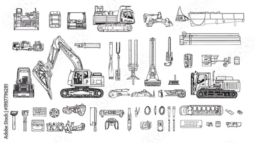 Collection of Construction Equipment and Tools Hand Drawn Illustration.