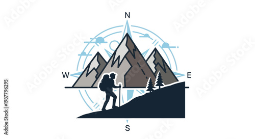Hiker Ascending Mountain Peak with Compass Rose and Trees