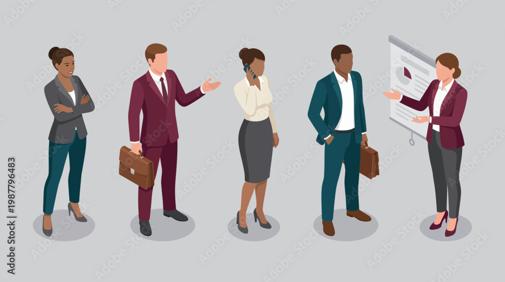 Obraz premium Diverse isometric business professionals like project managers and sales executives standing or presenting, concept for corporate leadership training, recruitment skills and office productivity