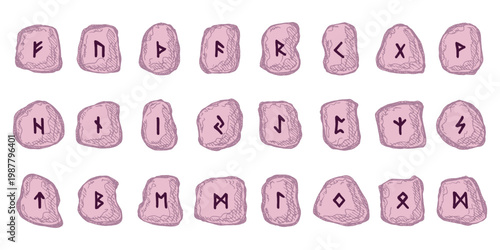 Set of hand drawn viking runes Rune stones with ancient norse alphabet characters engraved on them Scandinavian futhark germanic celtic Single element for design, print, web, decor
