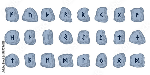 Set of hand drawn viking runes Rune stones with ancient norse alphabet characters engraved on them Scandinavian futhark germanic celtic Single element for design, print, web, decor