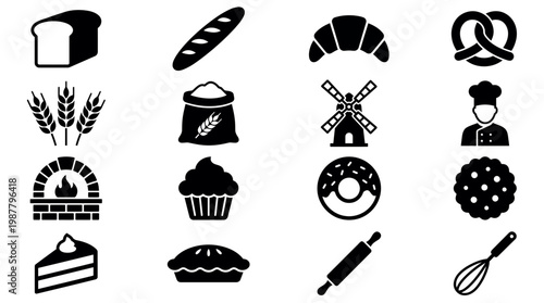 Bakery and pastry vector icons set featuring bread baguette croissant pretzel wheat chef and kitchen tools, concept for culinary branding, food industry website and restaurant menu design