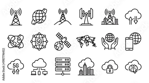 Black line icons collection of 5G technology symbols, network towers and global connectivity elements, concept for telecommunication systems, data transmission and wireless connectivity