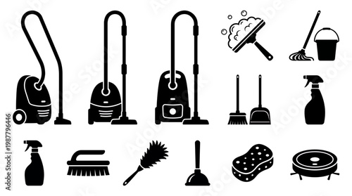 Set of black icons featuring cleaning equipment such as vacuum, mop, bucket, spray bottle and broom on white background, concept for housekeeping service, maintenance app and janitorial branding