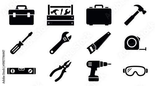 Set of flat black silhouette construction hand tool icons including hammer screwdriver wrench saw and drill on white, concept for home improvement handyman service and industrial repair catalog