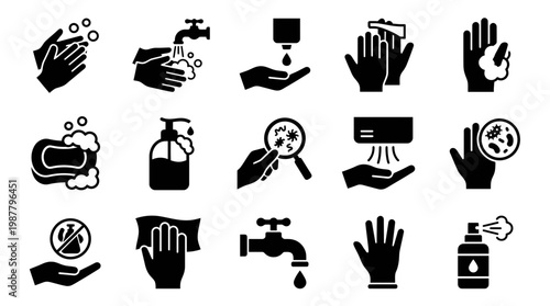 Set of hand hygiene black icons for professional office workers including washing with soap, faucet and water, concept for medical safety, workplace health and pandemic prevention protocol