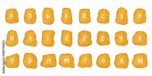 Set of hand drawn viking runes Rune stones with ancient norse alphabet characters engraved on them Scandinavian futhark germanic celtic Single element for design, print, web, decor
