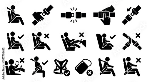 Professional black office manager and business executive car seatbelt safety icons for secure corporate commuting, concept for automotive safety guidelines, driver training and travel insurance