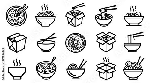 Minimalist outline icons of ramen bowls and takeout noodle boxes with chopsticks and steam on white background, concept for restaurant menu design, food delivery app and culinary branding