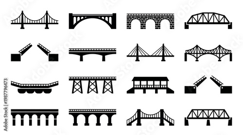 set of black bridge silhouette icons including suspension arch and drawbridge styles on white background, concept for architectural design, urban infrastructure mapping and civil engineering