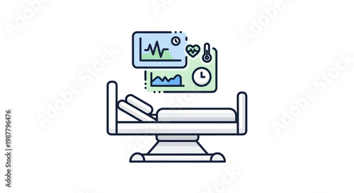 Hospital bed with vital signs monitor icon, medical equipment, healthcare concept